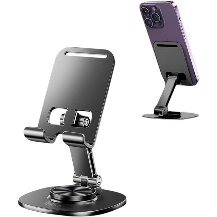 Suport telefon，Omelivon®, Rotire la 360 de grade a bazei, pliabil, ajustabil, Anti-derapant, portabil, compatibil cu smartphone si tableta, pentru masa sau birou, Gri