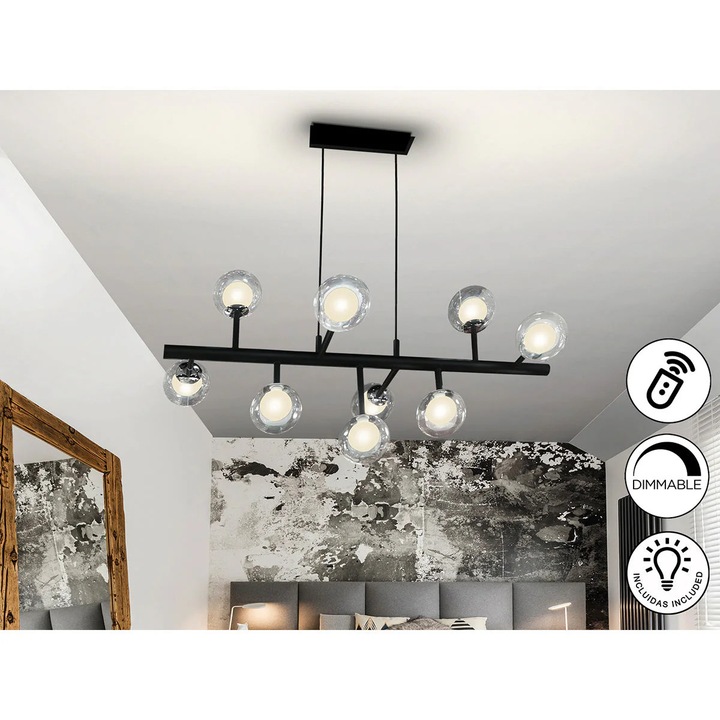 Lampa Alta 9L, Negru/crom, Sticla Dubla, Dimmabila + Telecomanda, Metal, sticla, 54x92x50 cm