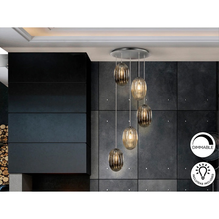Lampa Ovila 5L Fum & Brandy, Crom, Metal. Sticla., 160 cm