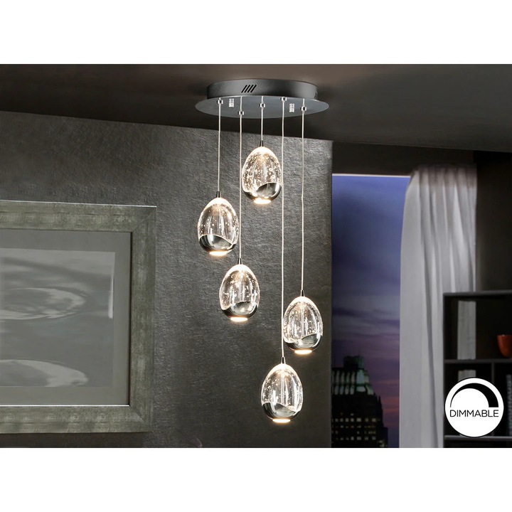 Lampa Rocio 30 Cm 5 Led-uri Crom, Picaturi Sticla, Metal si sticla, 80 cm