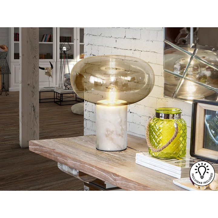 Lampa De Masa Fungi 1L Alba, Marmura, sticla, 39cm