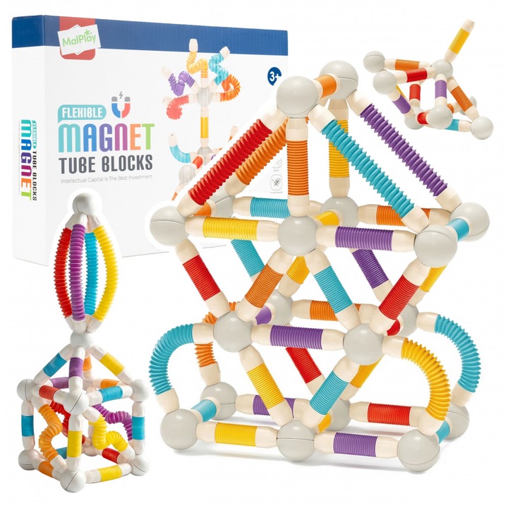 Set constructie magnetica 3D pentru copii Malplay, cu tuburi flexibile, 42 elemente multicolore