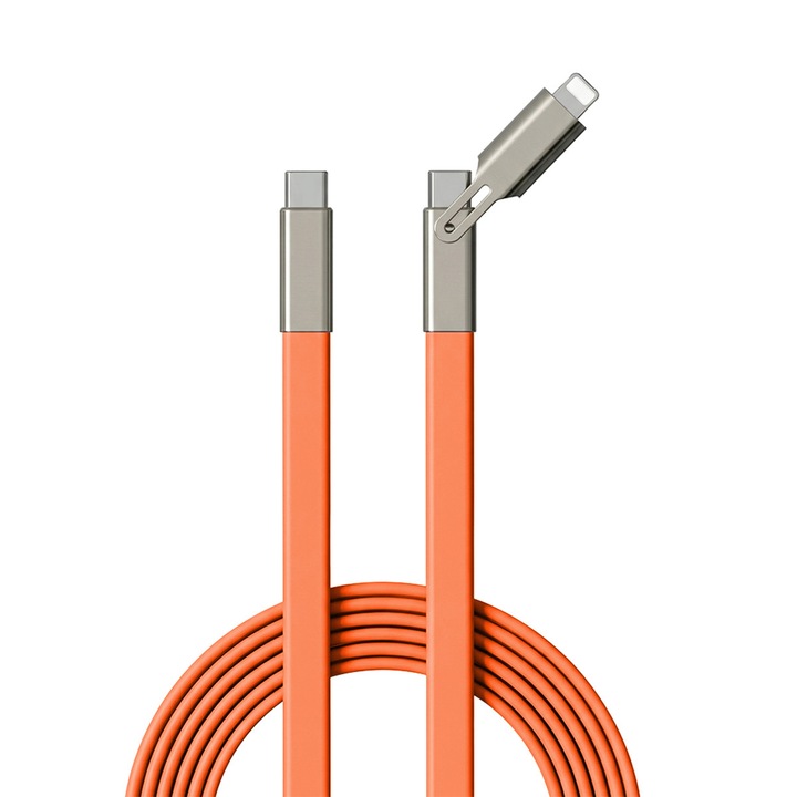 Кабел 2 в 1 USB-C/Lightning – Зареждане C-C до 240W, C-L за стандартно зареждане на iPhone/iPad, дължина 1.2 м, плосък кабел от течен силикон – Оранжев