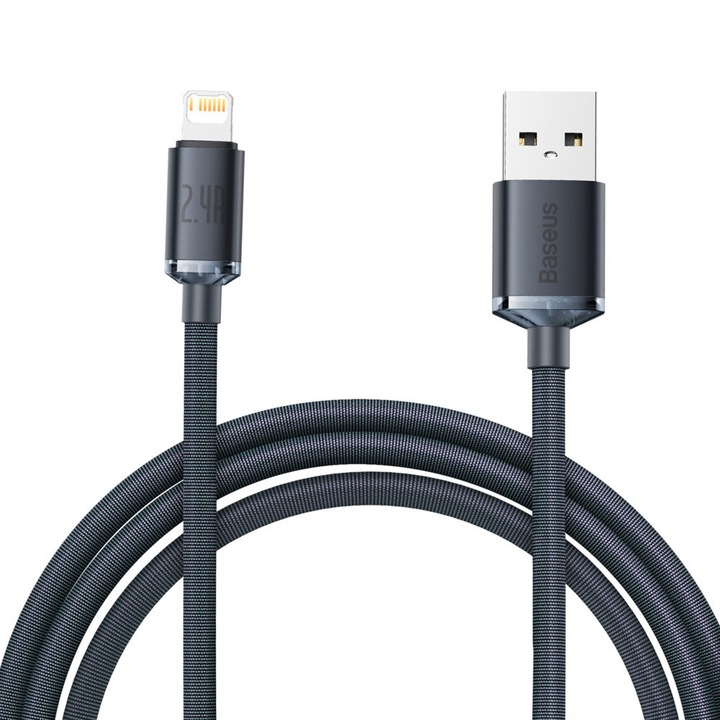 Cablu de date Baseus USB la Lightning, 2.4A, nylon împletit, 2m, negru