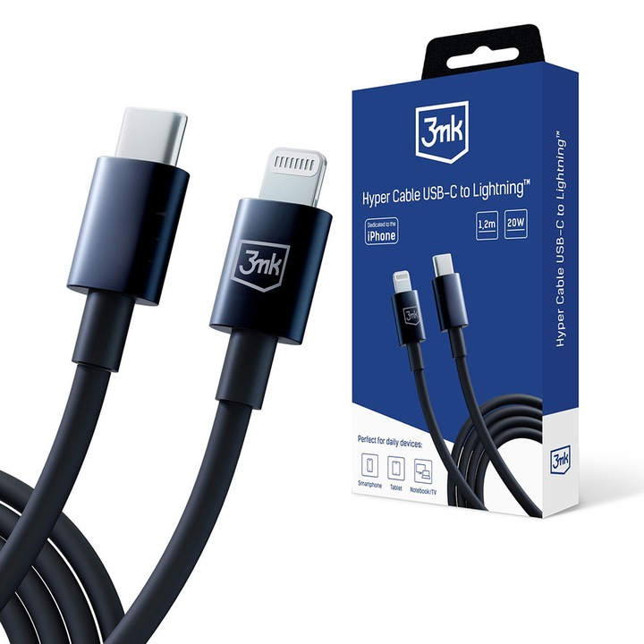 Cablu de date/incarcare 3MK USB-C la Lightning, 20W, 5A, 1.2m, Negru