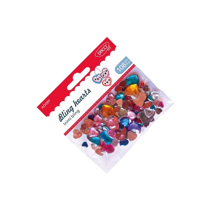 Set accesorii decorative Inimi Bling DACO Art, 108 bucăți, plastic lucios, multicolor