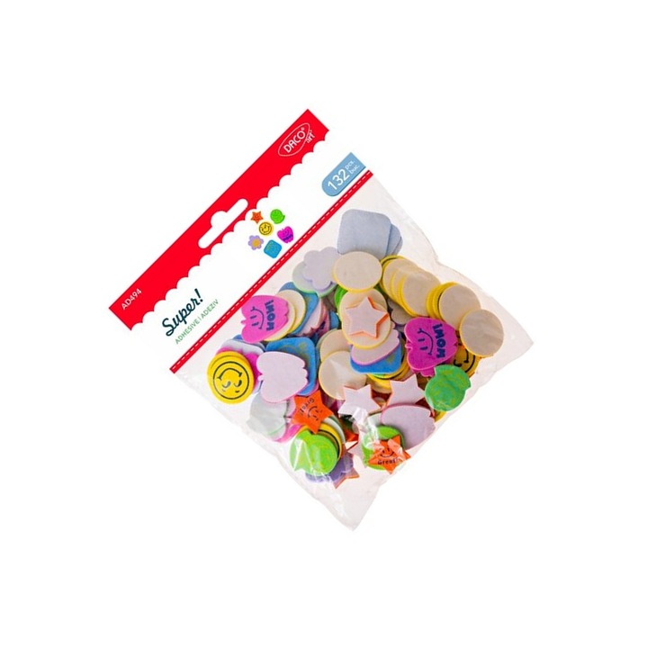 Set Accesorii Craft, Daco, 132 Elemente Decorative din Spuma Autoadeziva, Multicolor, 3 ani
