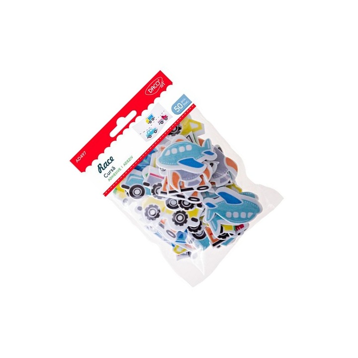 Set Accesorii Craft Daco Cursa cu Vehicule, 50 Elemente Decorative Spuma Autoadeziva, Multicolor