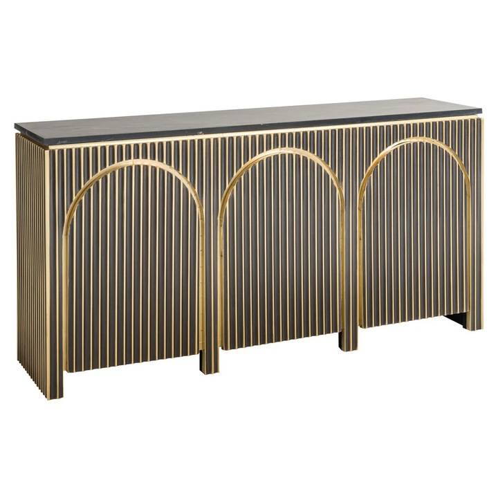 Bufet Divani & Sofa', Les Arcs, din mdf placat cu alama, blat din marmura inchisa la culoare, 3 usi cu arcade frontale, auriu periat/negru, 40x160x160 cm