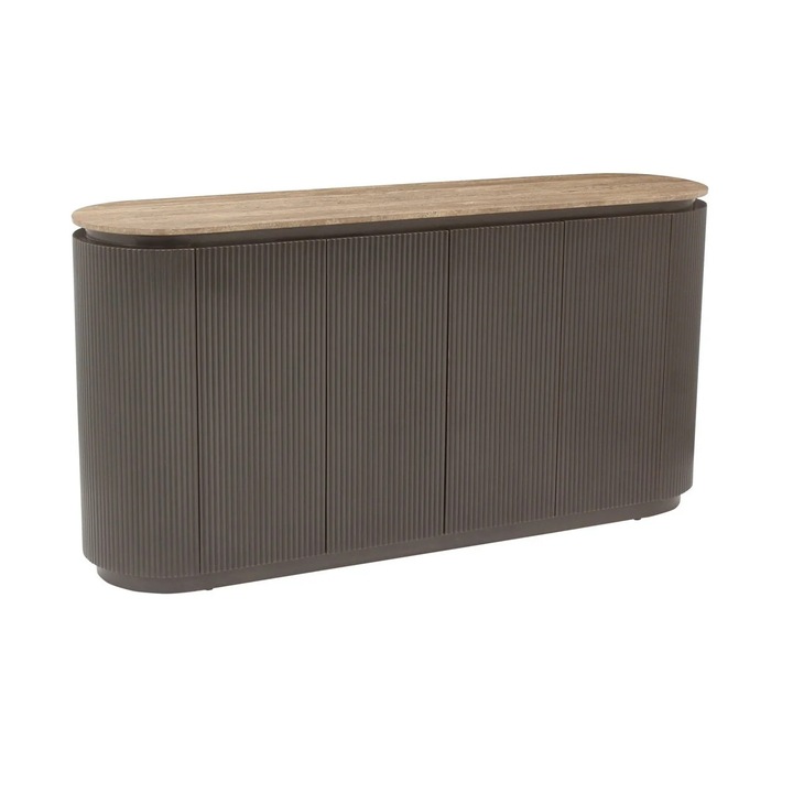 Bufet Divani & Sofa', Russo, cu 4 usi, din travertin si mdf, cu detalii din alama, maro, 40x160x160 cm