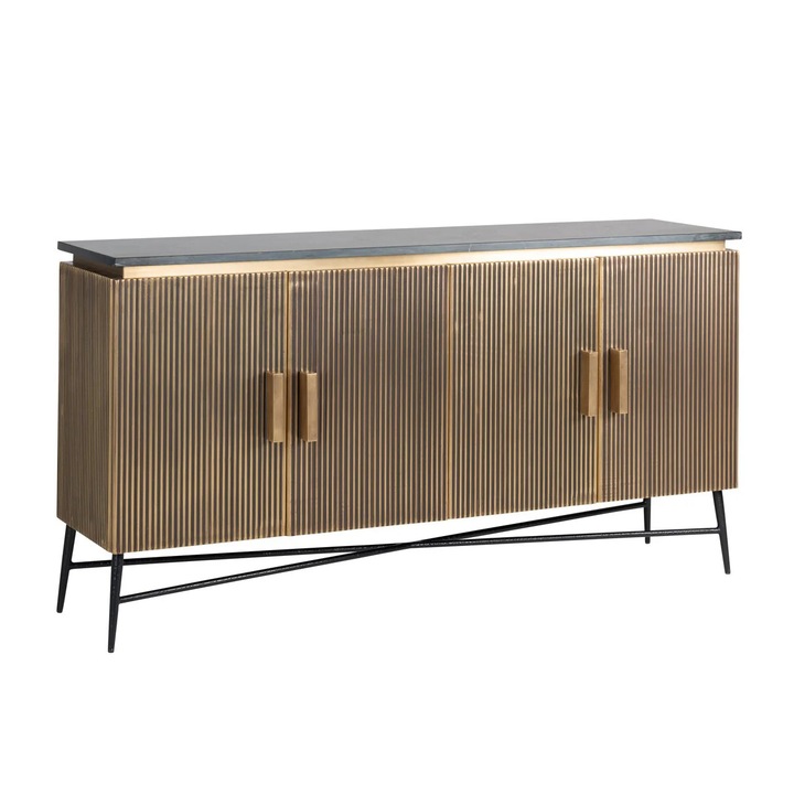 Bufet Divani & Sofa' Ironville Gold, cu 4 usi, metal si MDF/placaj, blat din marmura neagra, auriu/negru, 40x160x160 cm