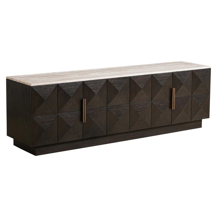 Comoda TV Divani & Sofa', Claremont Brown, din furnir si lemn de stejar, blat din travertin, Maro, 44x196x196 cm