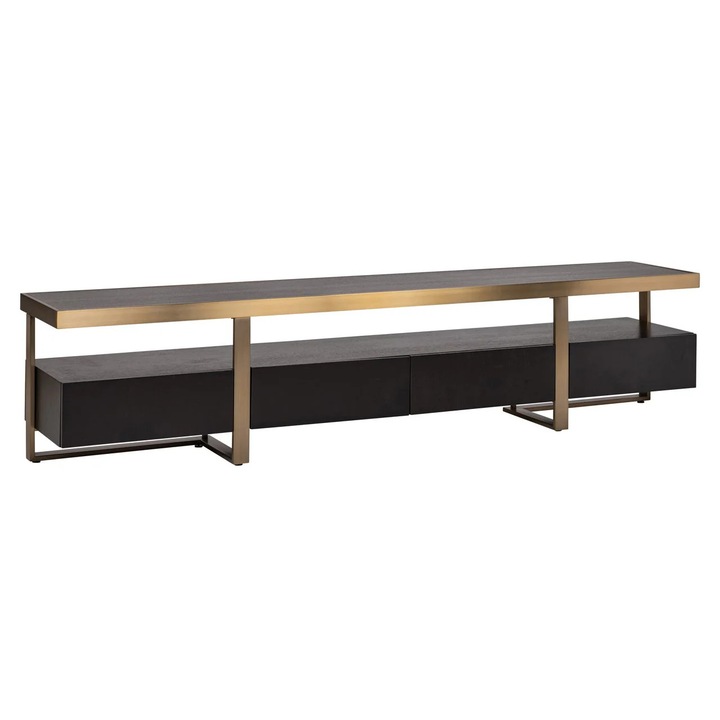 Cabinet TV Divani & Sofa', Alexander Jones Charcoal (Diddley), din otel inoxidabil si furnir de stejar, margine aurie periata, charcoal, 40x220x220 cm