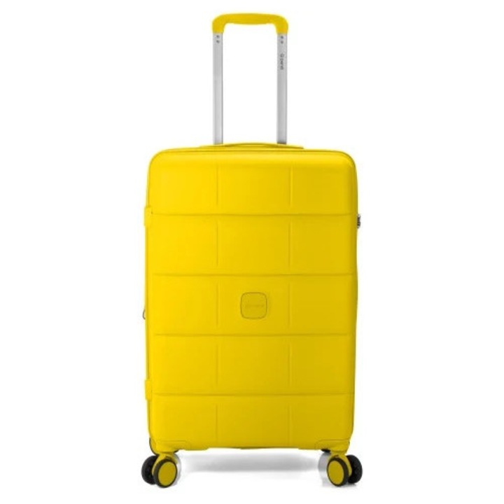 Troler mare extensibil 75x46x30 cm, bagaj de cala, polipropilena, 4 roti 360°, cifru TSA, Benzi BZ 5901, galben