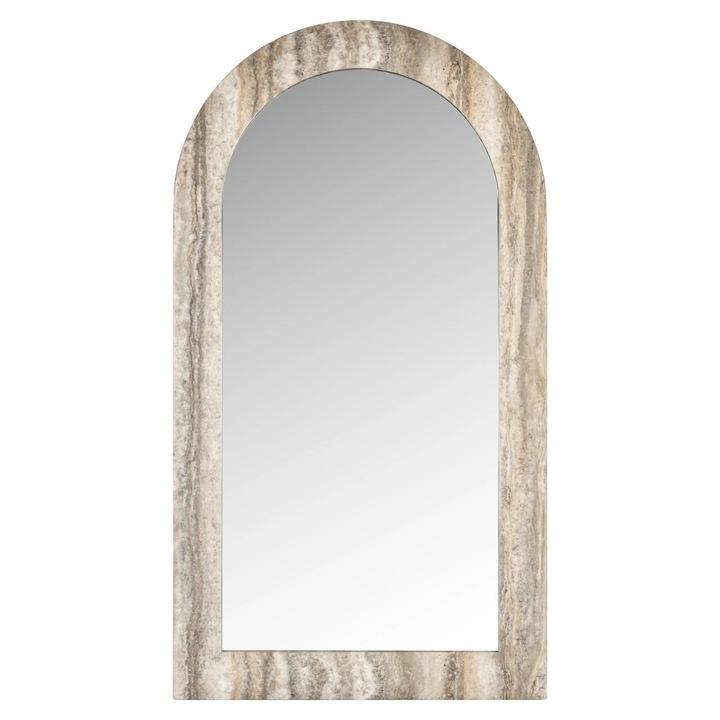 Oglinda Divani & Sofa', Calvo Arc, design arcuit, cadru faux travertin texturat, gri, 3.6x55x55 cm
