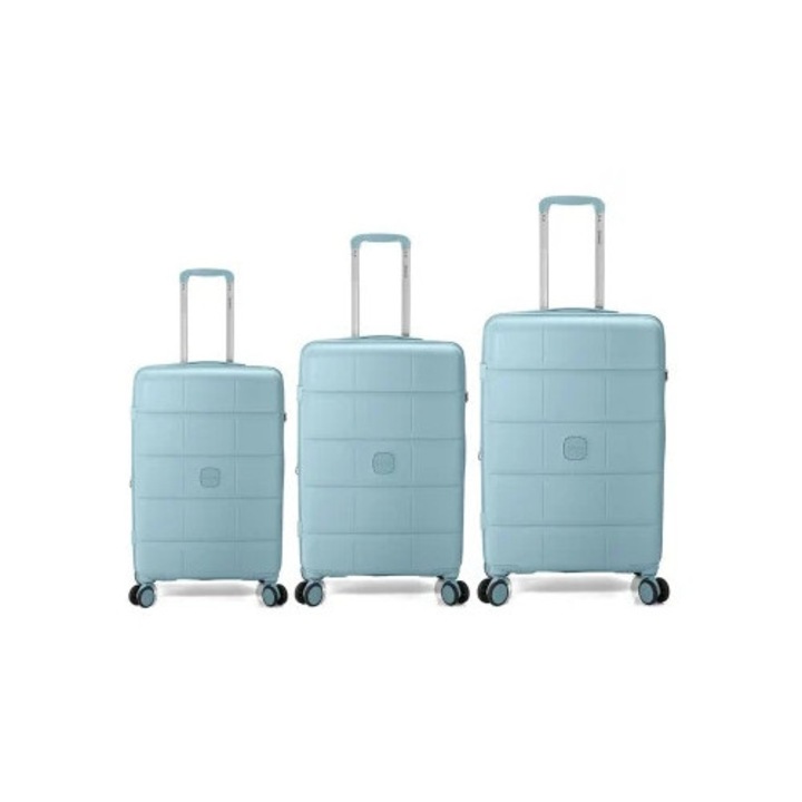 Set trolere extensibile, 1 bagaj de cabina si 2 bagaje de cala, polipropilena, 4 roti duble 360°, cifru TSA, Benzi BZ 5901, albastru deschis