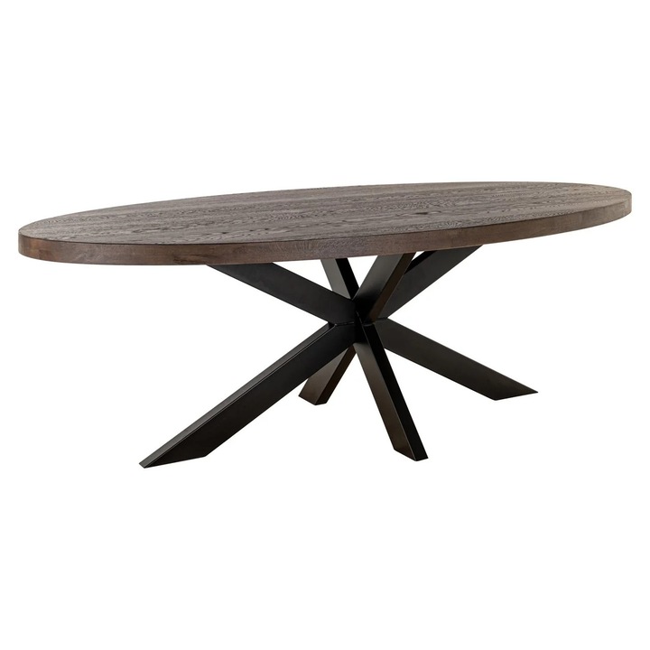 Masa de dining Divani & Sofa' Watson, blat din stejar, picioare din fier in forma de paianjen, maro inchis/negru, 110x235 cm