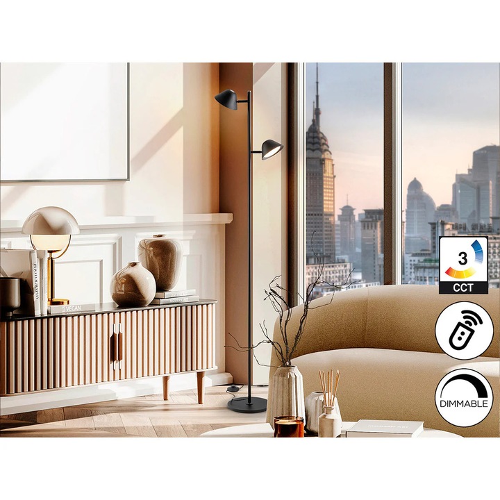 Lampa Podea Taros 2L 20w Cct Negru Mat, Touch & Telecomanda, Living, metal, aluminiu, abs, 23x33x160
