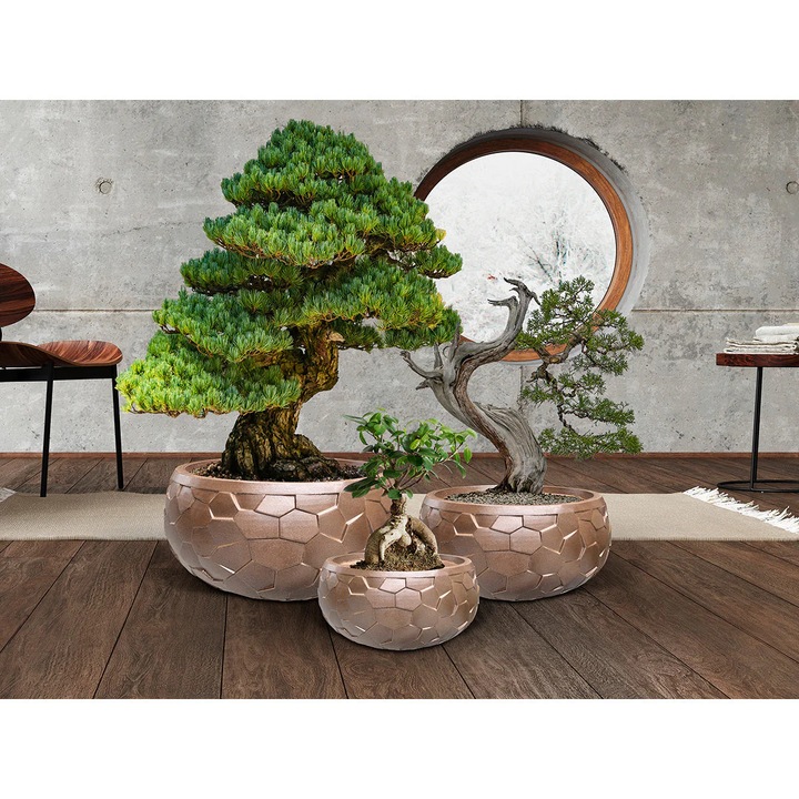 Set 3 ghivece decorative- Bronz, fibra, 55x27/45x22/30x14 cm