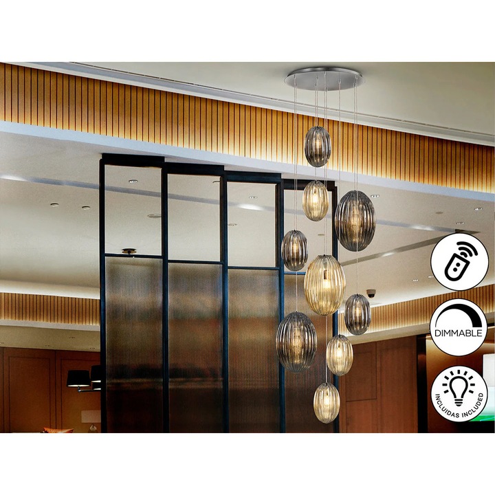 Lampa Ovila 9L Fum & Cognac, Crom, Metal. Sticla., 230 cm