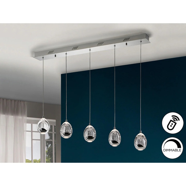 Lampa Rocio 5L Crom, Picaturi Sticla, Metal si sticla, 9x96x95