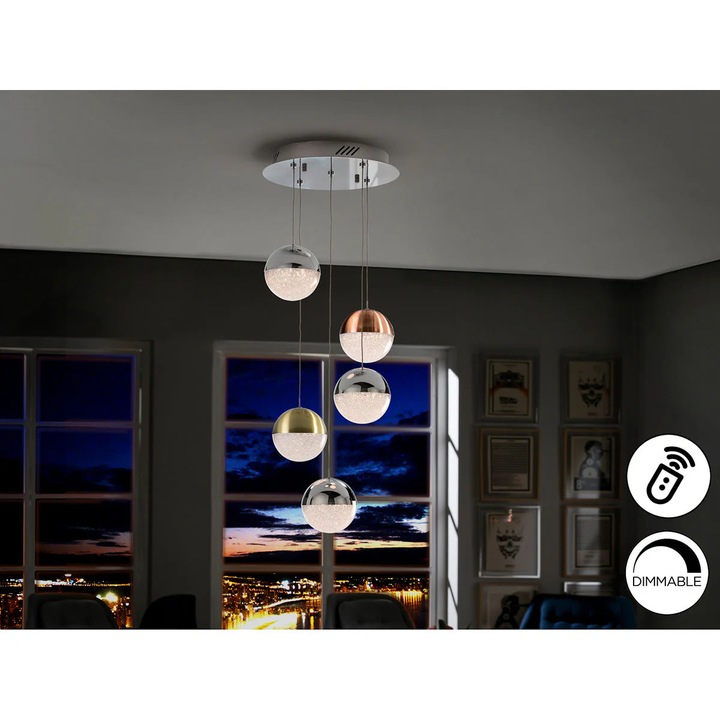 Lampa LED Sfera 33 Cm, 5 Lumini, Metal Cromat, Metal, 90 cm