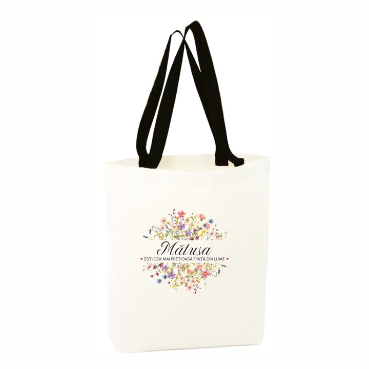 Sacosa cumparaturi canvas alba, personalizata, maner negru, 34.5 x 38 cm, Mesaj Cea Mai Pretioasa Fiinta Din Lume, Model Matusa