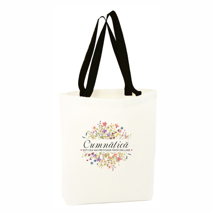 Sacosa cumparaturi canvas alba, personalizata, maner negru, 34.5 x 38 cm, Mesaj Cea Mai Pretioasa Fiinta Din Lume, Model Cumnata