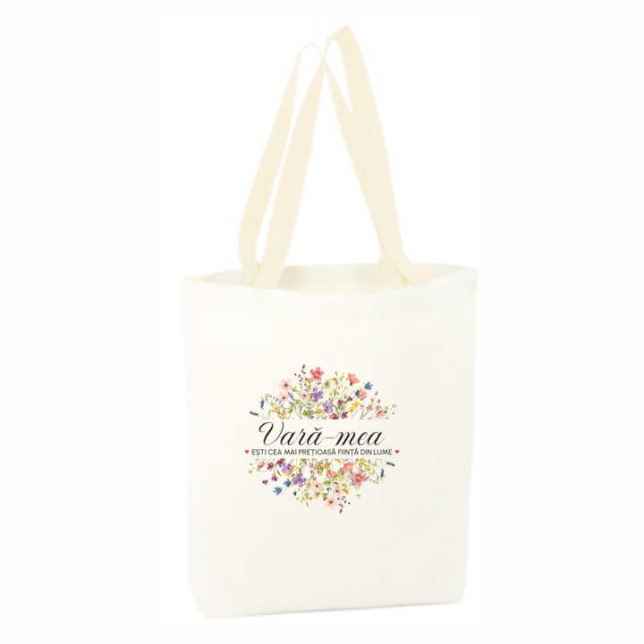 Sacosa cumparaturi canvas alba, personalizata, maner alb, 34.5 x 38 cm, Mesaj Cea Mai Pretioasa Fiinta Din Lume, Model Verisoara