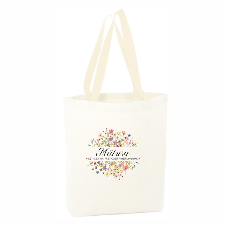 Sacosa cumparaturi canvas alba, personalizata, maner alb, 34.5 x 38 cm, Mesaj Cea Mai Pretioasa Fiinta Din Lume, Model Matusa