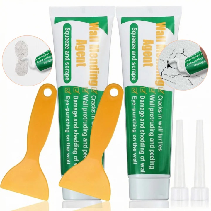 Chit Pentru Repararea Crapaturilor Din Pereti Profesional TrioStore®, Pasta Alba Cu Aderenta Buna Si Uscare Rapida, Spatula Si Varf De Aplicare Incluse, Chit Reparatii Interioare, Set 2 Bucati, 2x250 G