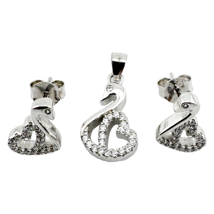 Set Pandativ cu Cercei pentru Dama, Jolie, Argint 925, Model Lebada cu Pietre, 2.7g, 1 cm x 1 cm, Argintiu