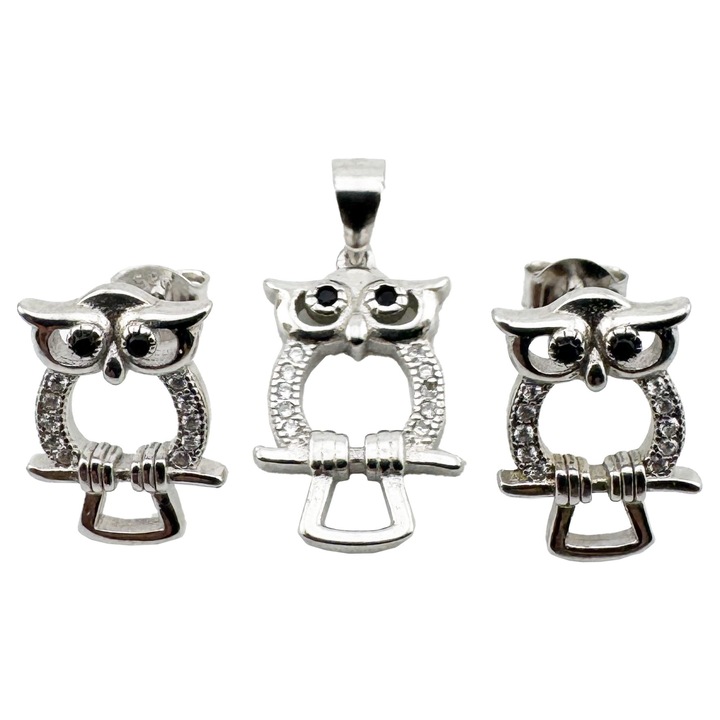 Set Pandativ cu Cercei pentru Dama, Jolie, Argint 925, Model Bufnita Contur, 4.1g, 2 cm x 1.1 cm, Argintiu