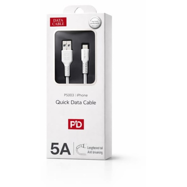 Cablu Date și Încărcare Rapidă USB-Lightning, 5A, Alb, 1m