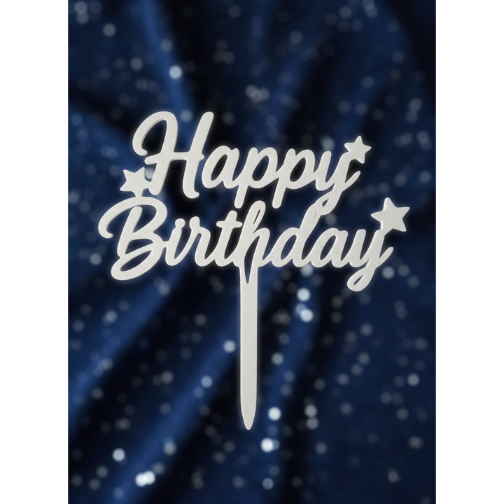 Topper tort Happy Birthday alb – decor aniversar elegant