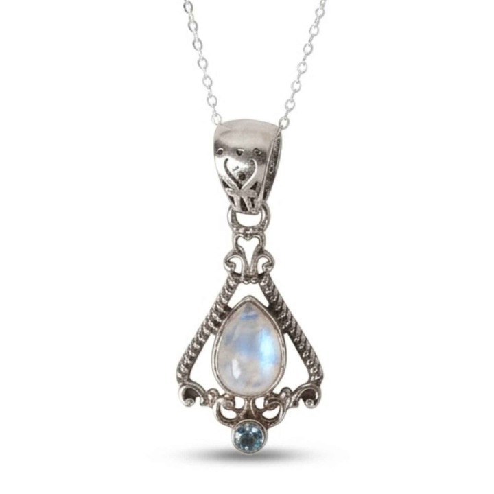 Colier Argint 925 Floare cu Piatra Lunii si Topaz Albastru – Echilibru si Claritate