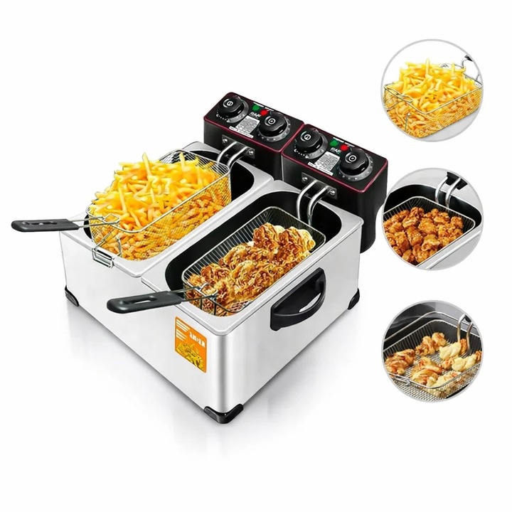 Friteuza Electrica cu Cos Dublu Raf 2000W Capacitate 3L Termostat Reglabil Argintiu