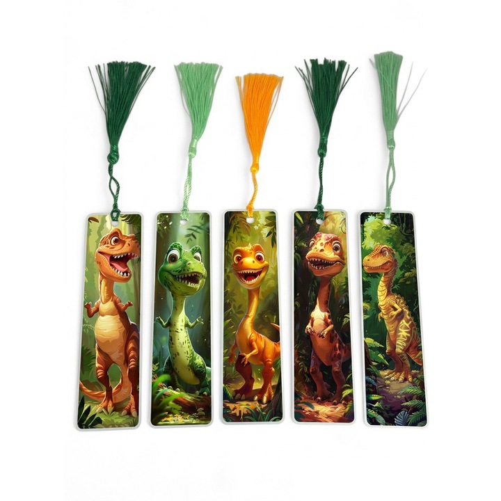Set 5 Semne de Carte din Aluminiu – Design Fata‑Verso Dinozauri & Frunze Tropicale, Ultra‑Rezistente, cu Snur Asortat