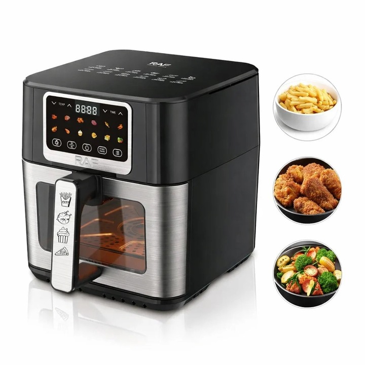 Friteuza cu Aer Cald 8L Raf 1700W Panou Digital Fereastra Vizibila Inox Negru