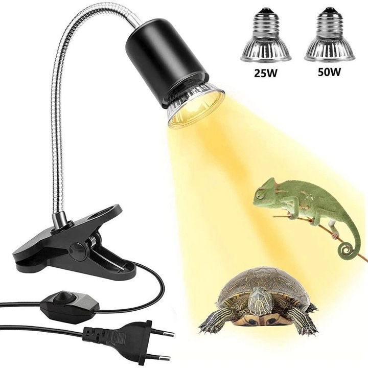 Lampa pentru terariu Yingyun, UVB 3.0, 2 becuri (25W+50W), clema pivotanta 360, Negru