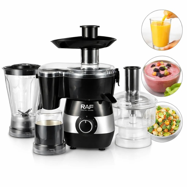 Blender Multifunctional 6 in 1 Raf R2869, 450W cu Tocator, Storcator si Rasnita, Negru-Gri