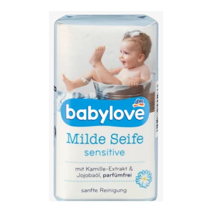 Babylove Sensitive szappan, 100g, organikus kamilla kivonattal és jojobaolajjal, érzékeny bőrre