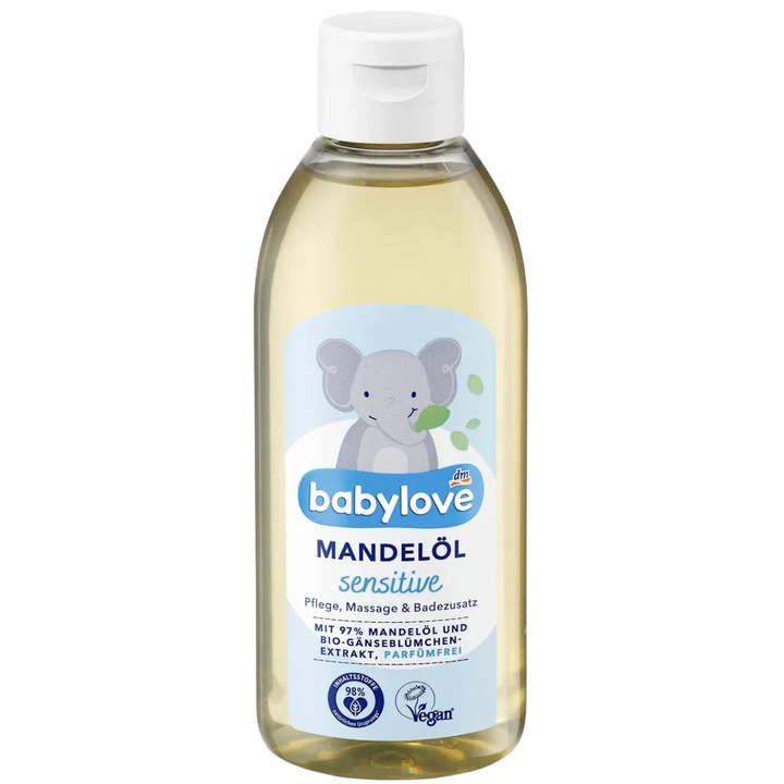 BABYLOVE ápoló és masszázsolaj, 97% mandulaolaj, illatmentes, 250 ml