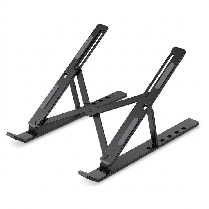 Suport de laptop/tableta pentru birou NEXTLY, reglabil pe inaltime - 6 unghiuri de inclinare, pliabil, compatibilitate universala 15-45cm, anti-zgarieturi, anti-alunecare, aluminiu, negru