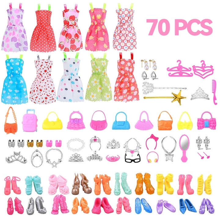 Set 70 haine/accesorii pentru papus, Minetgnon®, Plastic, 4 ani+, Multicolor