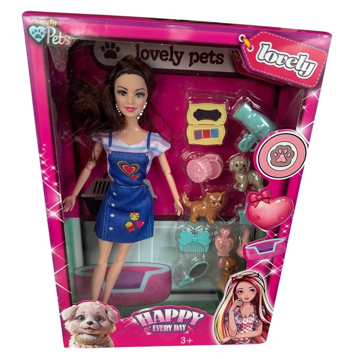 Papusa cu accesorii ingrijire animalute, set joc de rol, 3 ani+, 32, 5x23x5, 5cm, multicolor