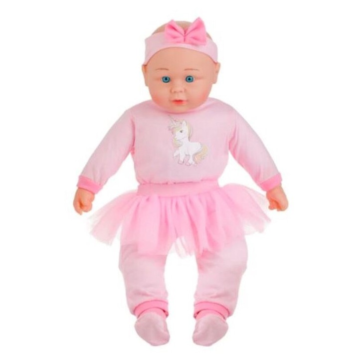 Păpușă bebeluș 50cm, body roz unicorn, fustă tutu roz, sunet
