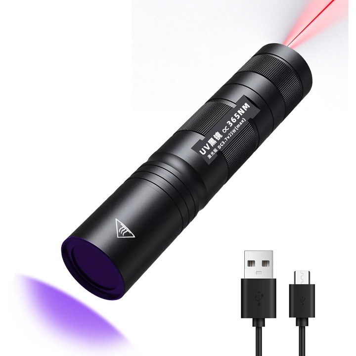 Lanterna UV 365nm 30W cu Filtru Negru, Recargabila USB, cu Laser Rosu pentru Joc cu Pisici, pentru Detectare Urina, Fluorescenti si Uscare Unghii Gel