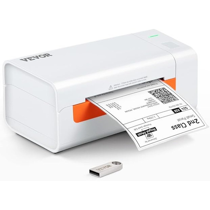 Imprimanta etichete termica directa VEVOR 4x6, USB, coduri de bare, 150 mm/s, 203 DPI, pentru expediere colete, compatibila cu Amazon/eBay/Etsy/UPS, suport Windows/macOS/Linux/Chromebook, alba