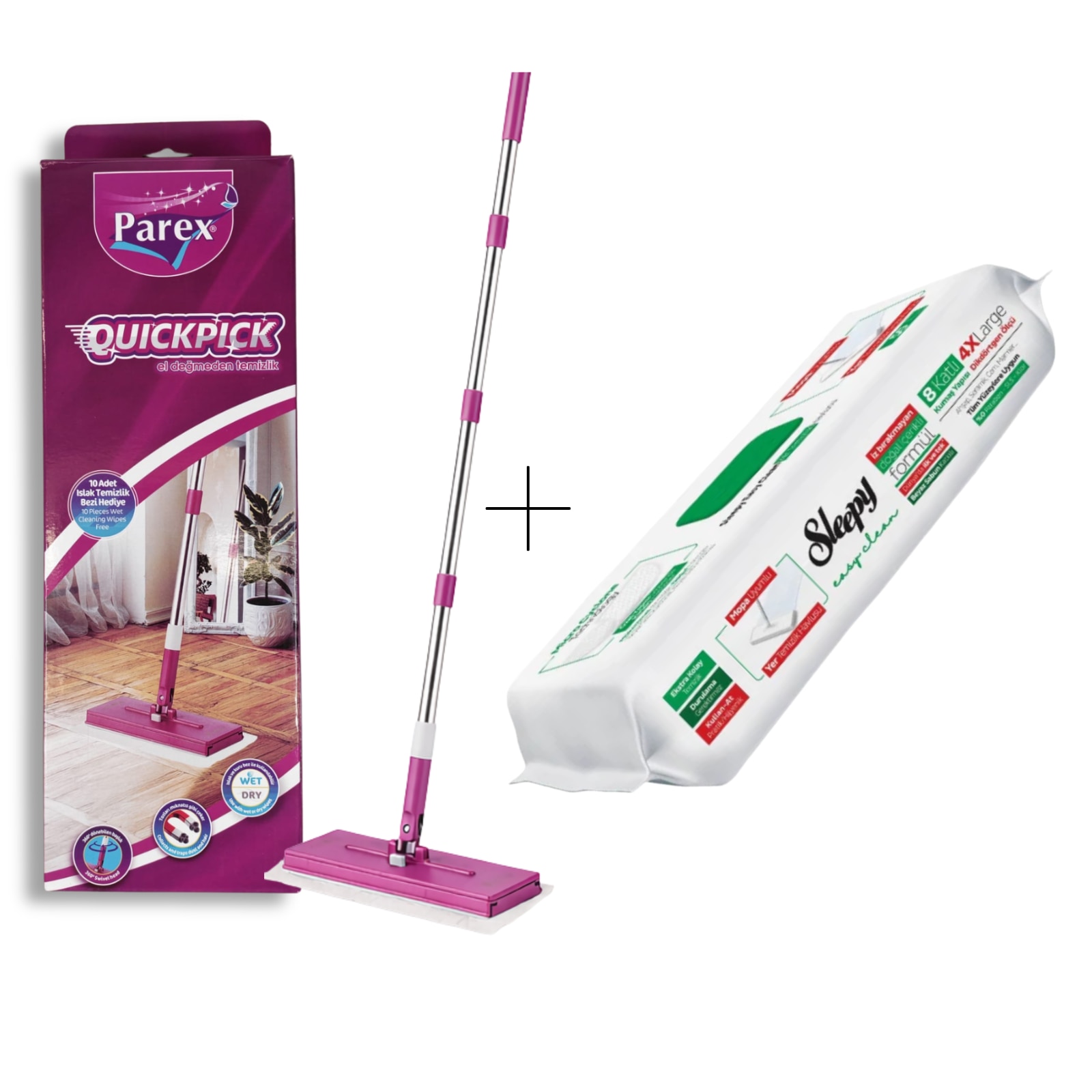 Set Mop Parex QuickPick + 50 Lavete Umede Sleepy Easy Clean White